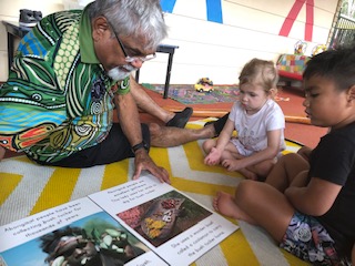 Uncle Allan traditional Elder with Sea turtles at Bright Kids ELC in Nerang, best childcare centre, long daycare centre